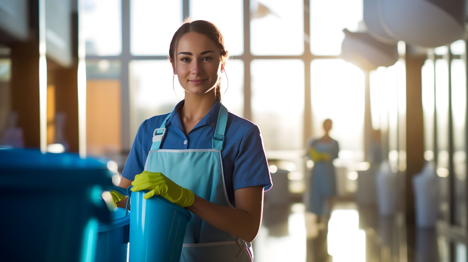 A woman in a blue apron holds a bucket, ready for cleaning.