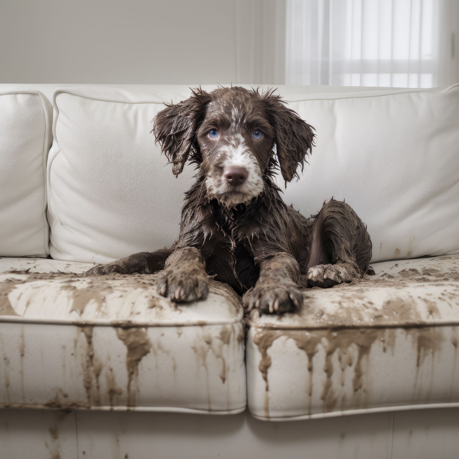 Dog covered in mud sitting on white couch, need pet hair removal and cleaning for a clean home.