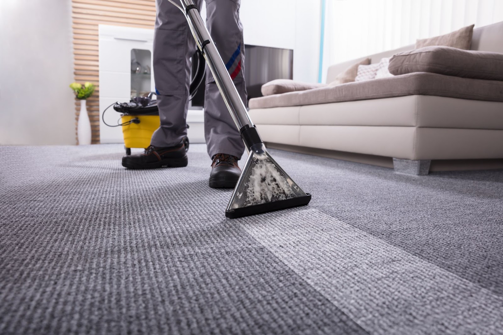 A man using a vacuum cleaner to thoroughly clean a carpet, showcasing professional cleaning service techniques.