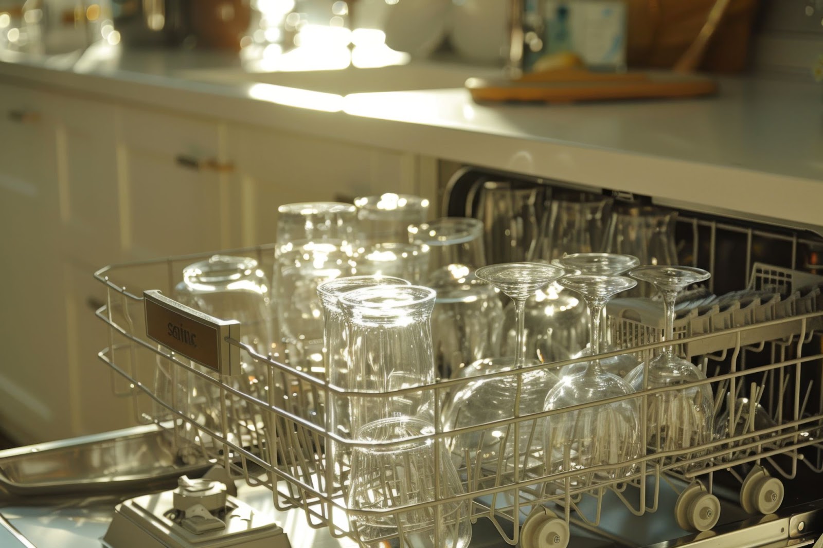 A dishwasher filled with sparkling glassware, showcasing the effectiveness of vinegar against hard water stains.