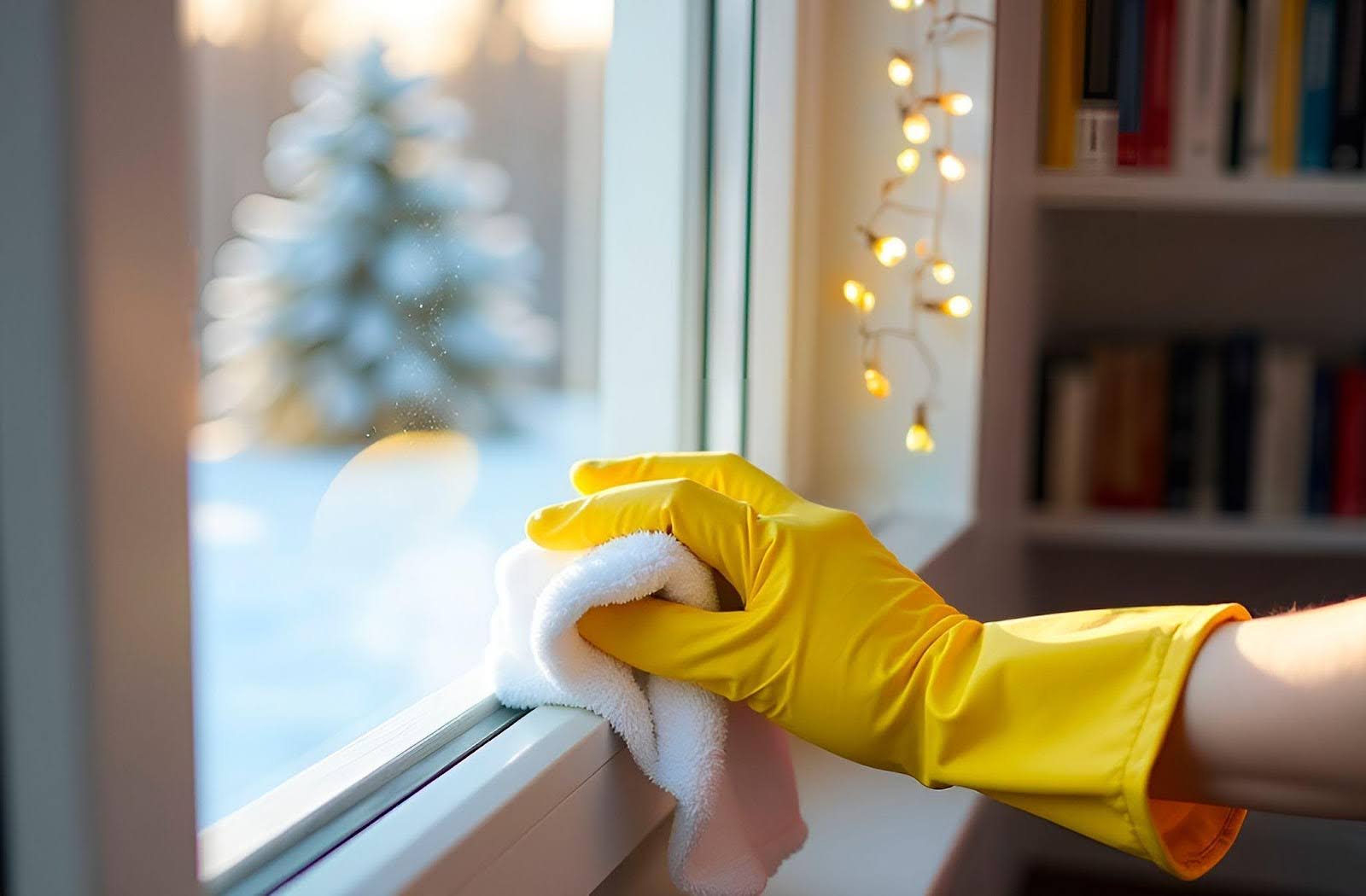 A person in yellow gloves diligently cleans a window, ensuring a clear and spotless surface