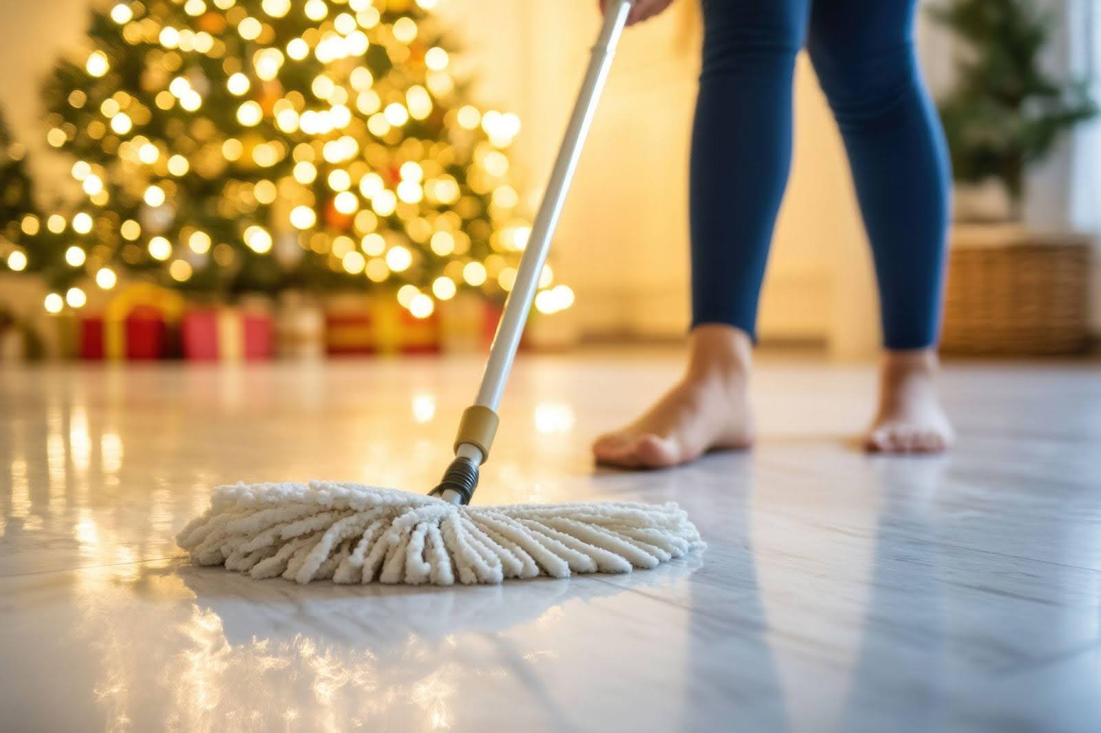 A woman diligently mops the floor, ensuring a clean and tidy environment in her home