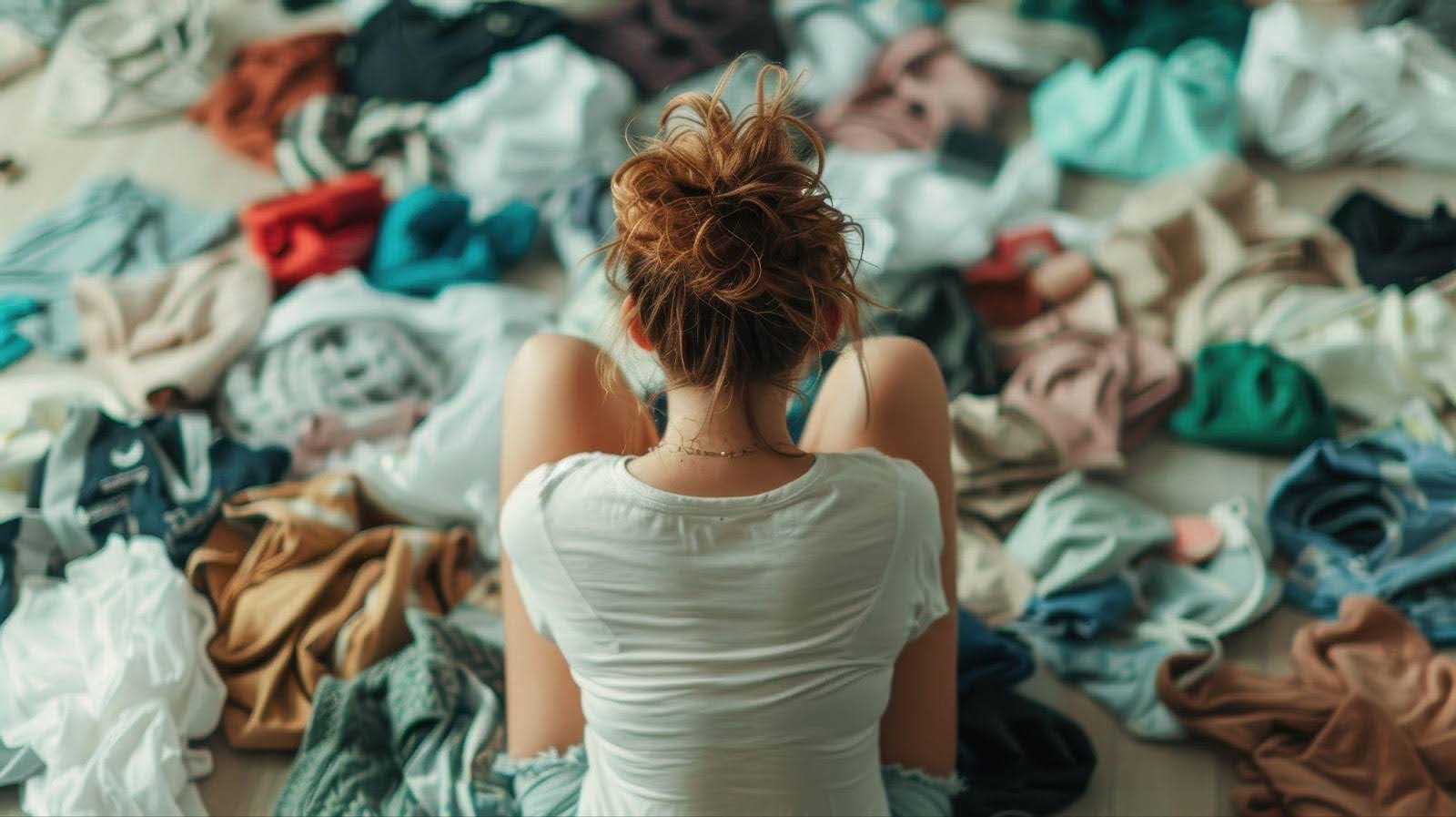 A woman sits on the floor amidst a pile of clothes, reflecting the challenges of maintaining a clean and organized home.