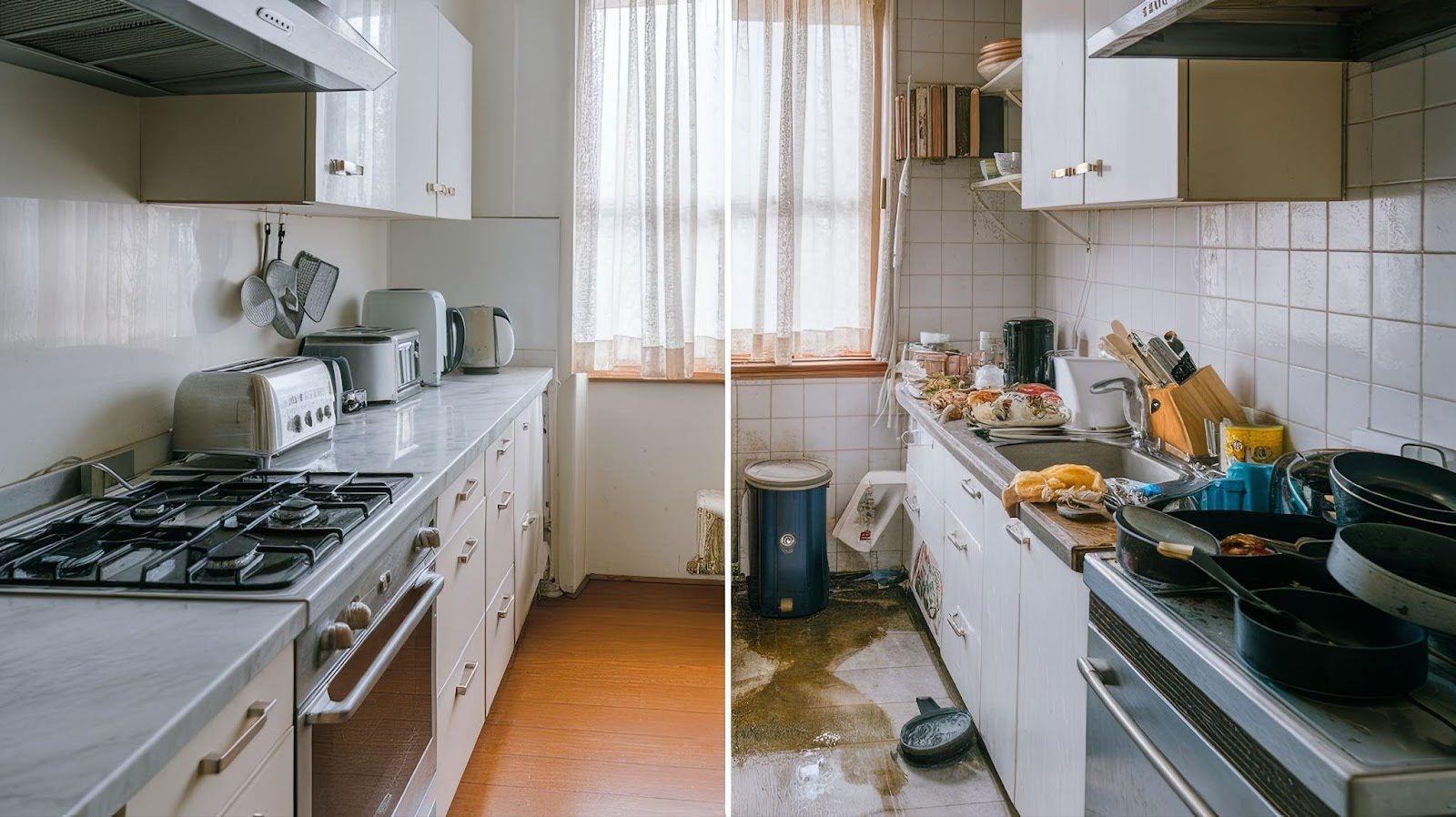 Before and after images of a kitchen showcasing the transformation from a messy space to a professionally cleaned area.